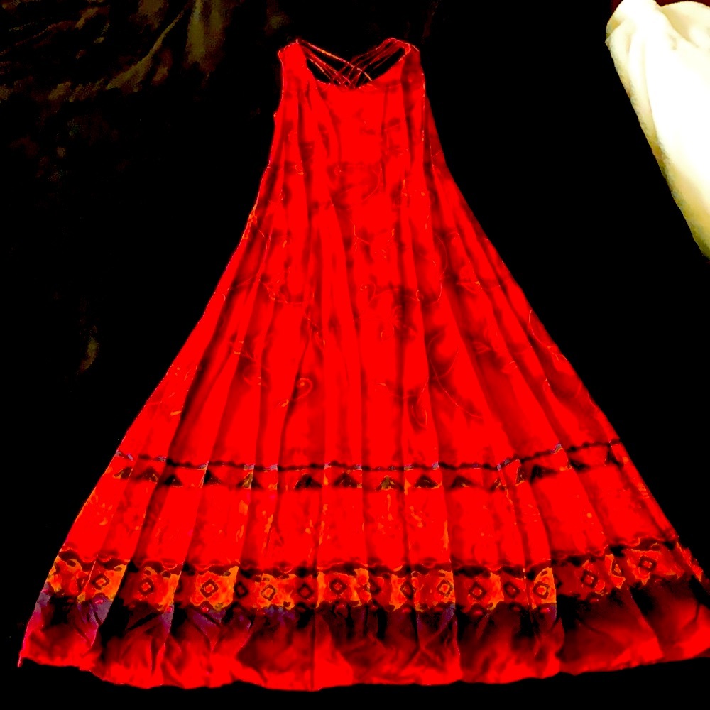 DJI Vintage Red with Orange Multi Long Dress